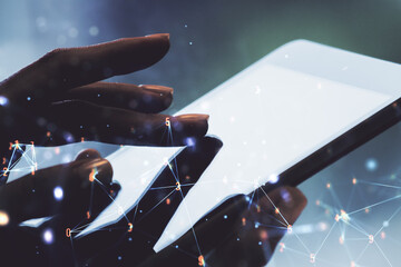 Aufkleber - Double exposure of technology hologram and finger clicks on a digital tablet on background. Research and development software concept