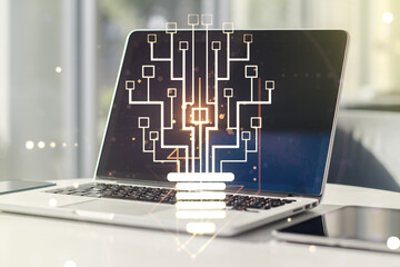 Creative idea concept with light bulb and microcircuit illustration on modern laptop background. Neural networks and machine learning concept. Multiexposure