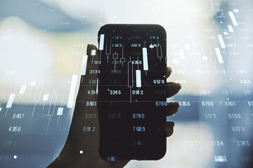 Poster - Double exposure of abstract creative statistics data hologram and hand with cellphone on background, analytics and forecasting concept