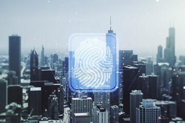 Aufkleber - Abstract virtual fingerprint illustration on Chicago cityscape background, personal biometric data concept. Multiexposure