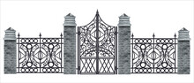 Iron Wrought Gate Vector Illustration, Metal Antique Fence, Brick Stone Pillars Isolated On White. Black Gothic Ornate Grate, Steel Manor Entrance, Classic Park Front Portal. Mansion Iron Classic Gate