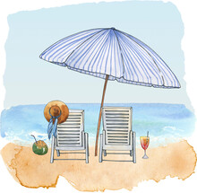 Watercolor Beach Clipart, People On Deck Chair With Beach Umbrella Clip Art, Best Friend Summer Trip, Summer Vibes, Sea Travel Clip Art, Ocean Waves