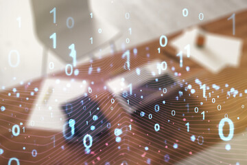 Aufkleber - Creative abstract binary code hologram and modern desktop with pc on background, AI and machine learning concept. Multiexposure