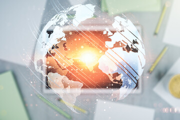 Poster - Multi exposure of abstract graphic world map and modern digital tablet on desktop on background, top view, big data and networking concept