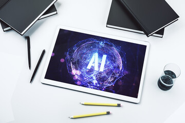 Poster - Creative artificial Intelligence symbol concept on modern digital tablet display. Top view. 3D Rendering