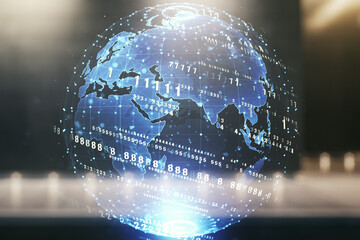 Poster - Multi exposure of abstract software development hologram and world map on modern business center exterior background, global research and analytics concept