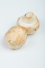 side view of fresh white mushrooms isolated on white background