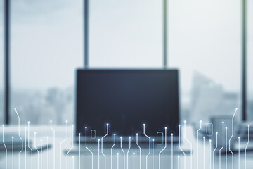 Poster - Creative concept of microscheme illustration on modern laptop background. Big data and database concept. Multiexposure