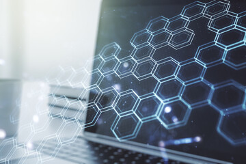 Aufkleber - Creative abstract wireless technology hologram with hexagon on modern computer background, artificial intelligence and machine learning concept. Multi exposure