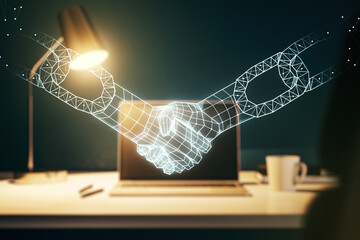 Poster - Creative abstract block chain technology sketch with handshake on modern laptop background, future technology and blockchain concept. Double exposure