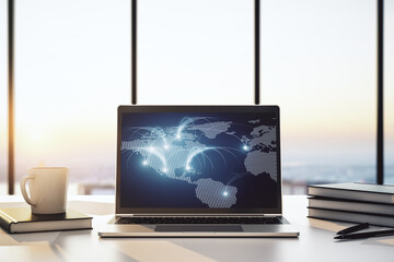 Poster - Modern computer monitor with abstract digital world map with connections, research and strategy concept. 3D Rendering