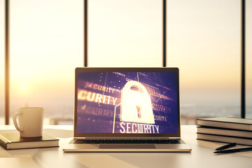 Poster - Creative lock sketch with chip hologram on modern computer monitor, protection of personal data concept. 3D Rendering