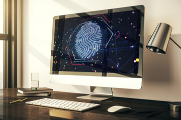 Poster - Computer monitor with abstract creative fingerprint illustration, personal biometric data concept. 3D Rendering