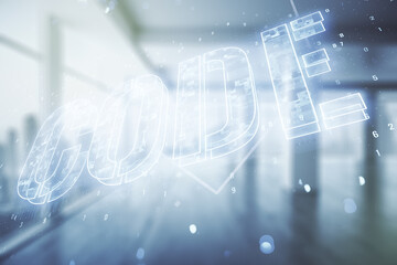 Poster - Code word hologram on modern interior background, international software development concept. Multiexposure