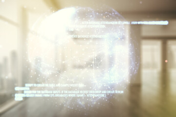 Aufkleber - Abstract virtual coding concept and world map hologram on empty corporate office background. Multiexposure