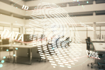Fototapete - Multi exposure of virtual graphic fingerprint sketch on a modern furnished classroom background, fingerprint scan data concept
