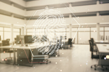 Poster - Abstract virtual fingerprint illustration on a modern furnished classroom background, personal biometric data concept. Multiexposure
