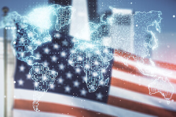 Aufkleber - Multi exposure of abstract graphic world map on US flag and skyline background, big data and networking concept