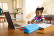 © Wavebreak Media - Smiling african american girl sitting at dining table, using laptop drawing in book