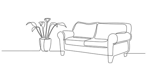 Poster - One Continuous line drawing of Interior with sofa and tropical plant. Modern home furniture for stylish apartment in simple doodle style. Editable stroke Vector illustration