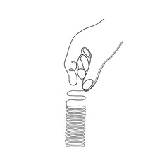 Hand Drawn Doodle Hands Put Coins Illustration In Continuous Line Art Style Vector Isolated