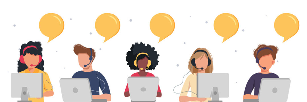 Online assistant landing page. People with headphones with computer. Concept illustration for support, assistance, call center. Technical support. Virtual help service. Vector illustration in flat.