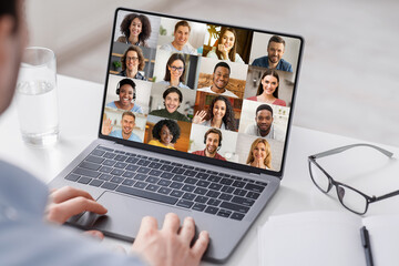 Poster - Multiethnic group of people using laptop for online conference meeting, creative collage