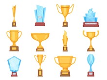 Golden Trophy Cups. Glass And Gold Award Trophies For Sports Or Competition. Crystal Championship Rewards And Winner Prizes Flat Vector Set