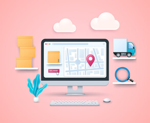 Fast delivery concept. Map and pointer on computer screen. Delivery truck and boxes on shelves. Keyboard and mouse. Web vector illustrations in 3D style