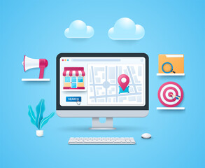Poster - local search marketing concept. shop, map, pointer on computer screen. target with arrow, megaphone,