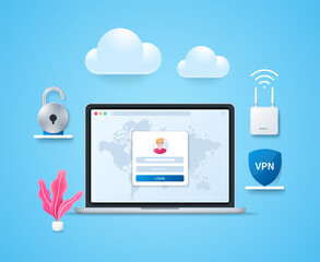 Aufkleber - virtual private network concept. laptop with open user info page on map background. secure vpn conne
