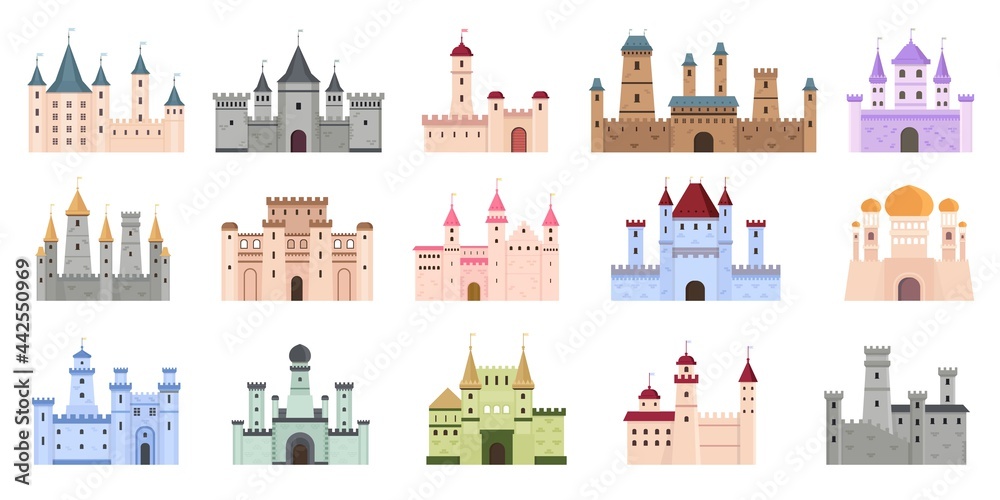 Medieval castles. Fairytale buildings, fortress and royal palaces. Flat ancient gothic architecture with towers. Cartoon castle vector set - obrazy, fototapety, plakaty 