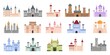 Medieval castles. Fairytale buildings, fortress and royal palaces. Flat ancient gothic architecture with towers. Cartoon castle vector set