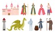 Fairytale characters. Cartoon medieval prince and princess, dragon, knight, witch and wizard. Magic royal castle, queen and king vector set