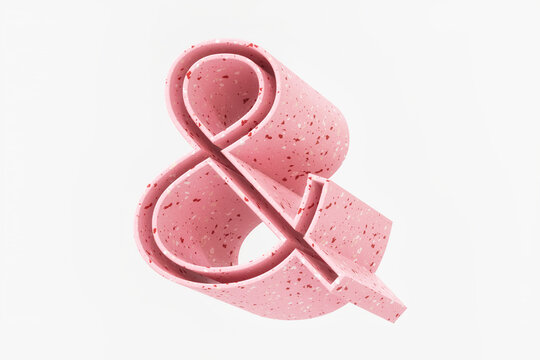 3D ampersand letter isometric style. Pink and red two tones terrazzo stone pattern. High quality 3d rendering.