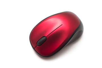 closeup of red and black wireless mouse of computer on white background