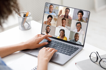 Poster - Online Meeting. Woman Joined Video Conference With Colleagues On Laptop In Office