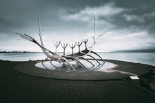 Perspective View Of The Sun Voyager Sculpture Against Dramatic Sky, Reykjavìk, Iceland