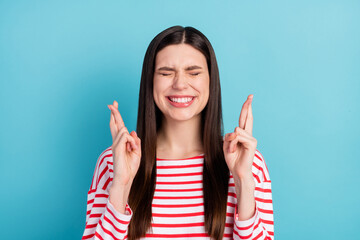 Sticker - Portrait of attractive focused cheerful girlish girl waiting gift present surprise request isolated over bright blue color background