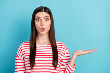 Sticker - Portrait of attractive amazed funky girl holding on palm copy space stupor isolated over bright blue color background