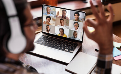 Wall Mural - Group Video Chat. Young Arab Man Greeting Members Of Online Web Conference