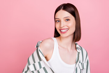 Photo of funny brunette millennial lady wear white shirt top isolated on pink color background