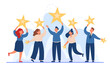 © PCH.Vector - Business team holding stars in hands flat vector illustration. Happy adults satisfying with service isolated on blue background. Best experience, customers feedback, rating concept