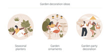Garden Decoration Ideas Abstract Concept Vector Illustration Set. Seasonal Planters, Garden Ornaments, Outdoor Party Decoration, Landscape Design, Bird Bath, Wind Chime, Shop Online Abstract Metaphor.