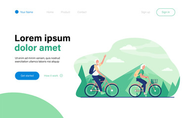 Senior couple riding bikes outdoors. Old man and woman cycling in mountains flat vector illustration. Active lifestyle, leisure, activity concept for banner, website design or landing web page