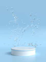 blue background image There is a shelf for products. and the water scattered around the 3D scene.