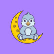 © Turn - Cute bird is sitting on the moon. Animal cartoon concept isolated. Can used for t-shirt, greeting card, invitation card or mascot. Flat Cartoon Style