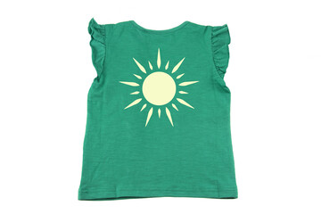 Kids shirt isolated. A fashionable for little girls colourful green sleeveless t-shirt with a print of a sun isolated on a white background. Concept summer fashion for children.