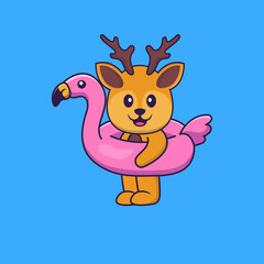 Cute deer With flamingo buoy. Animal cartoon concept isolated. Can used for t-shirt, greeting card, invitation card or mascot. Flat Cartoon Style