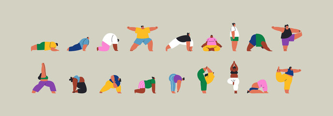 Wall Mural - Young people yoga pose cartoon set isolated